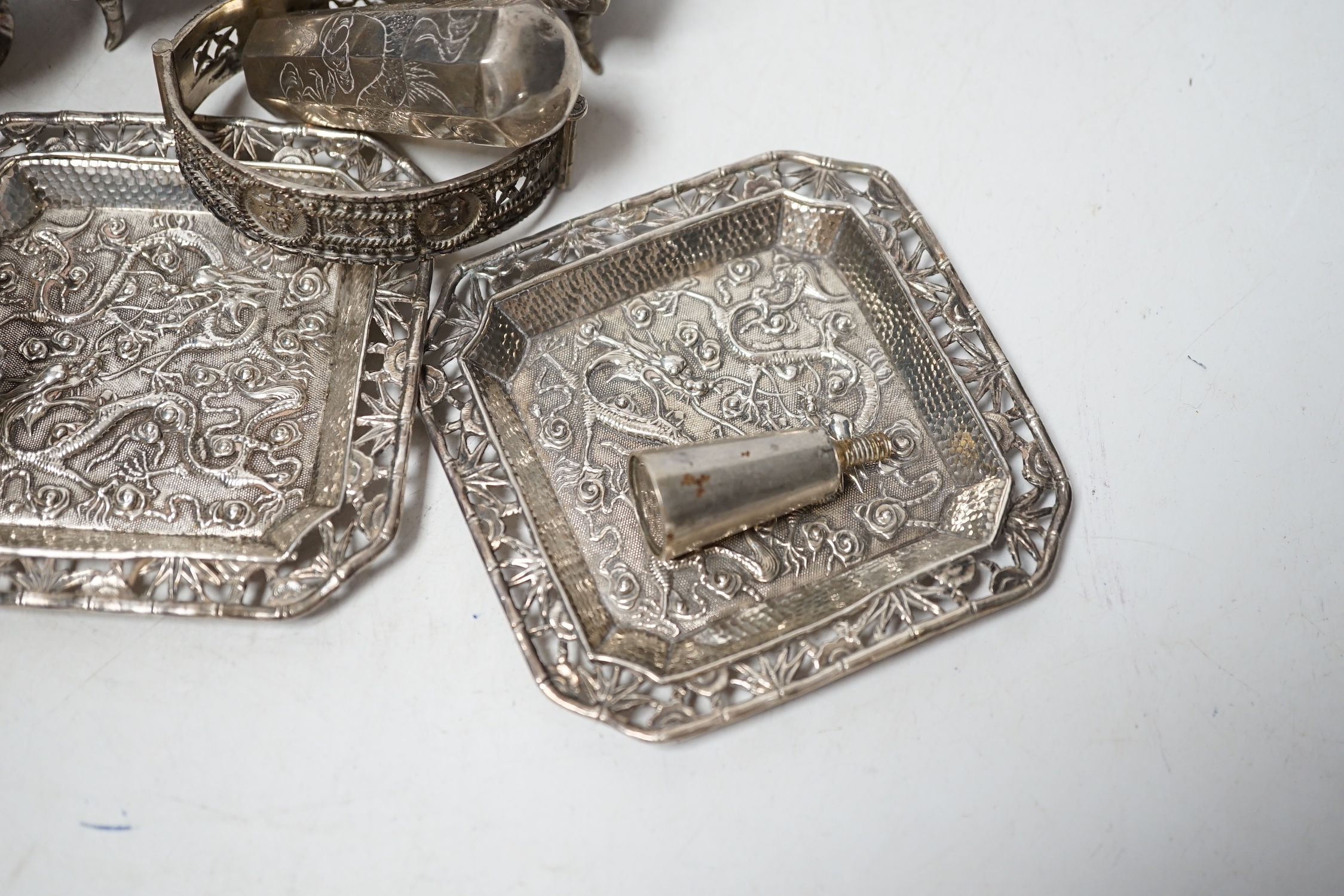 Chinese white metal items including small dishes, pair of salts, box and cover, two bangles etc.